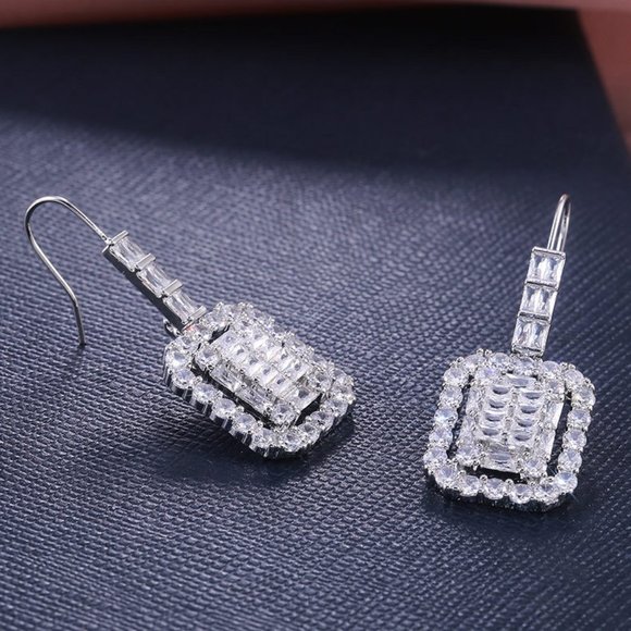 NEW Silver Baguette Round Diamond Drop Earrings 1 - Picture 6 of 6